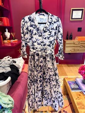 Daphne Wilde Navy and White Crane Print Shirt Dress